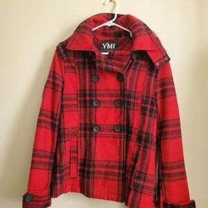YMI Women's Bold Red and Black Plaid Pea Coat